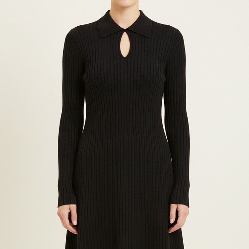 Mystree NWT Black Ribbed Knit Sweater Dress Polo Collar Keyhole Long Sleeve L